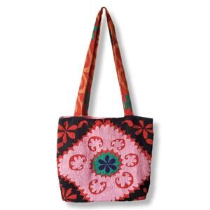Vtg Uzbek Suzani Floral Embroidered Shoulder Tote Bag Large Colorful Boho Hippie